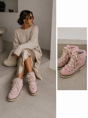 Elena Solano Pink Rabbit Fur Suede Winter Hiking Boots US 7.5 Made In Italy